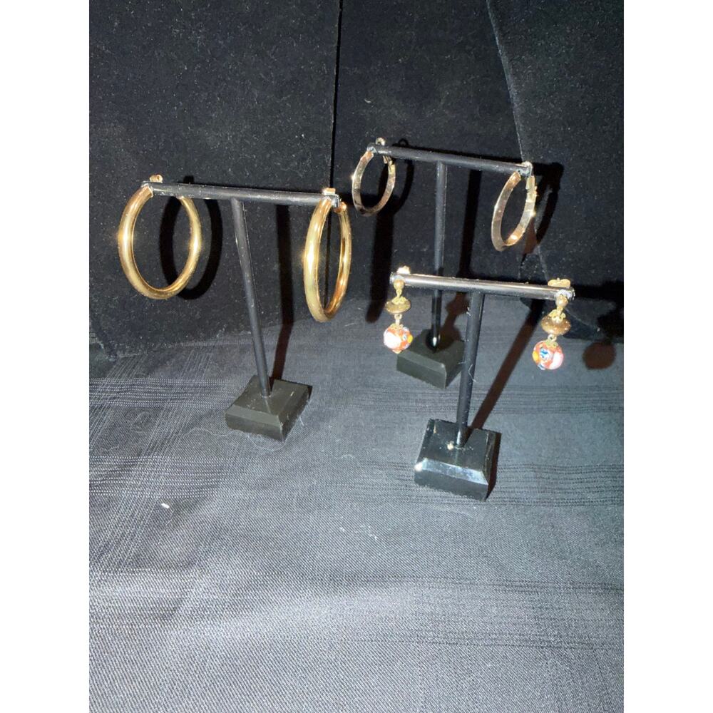 Set of 3 gold tone earrings 2 hoops 1 dangle Vintage boho chic style 1.5-2"